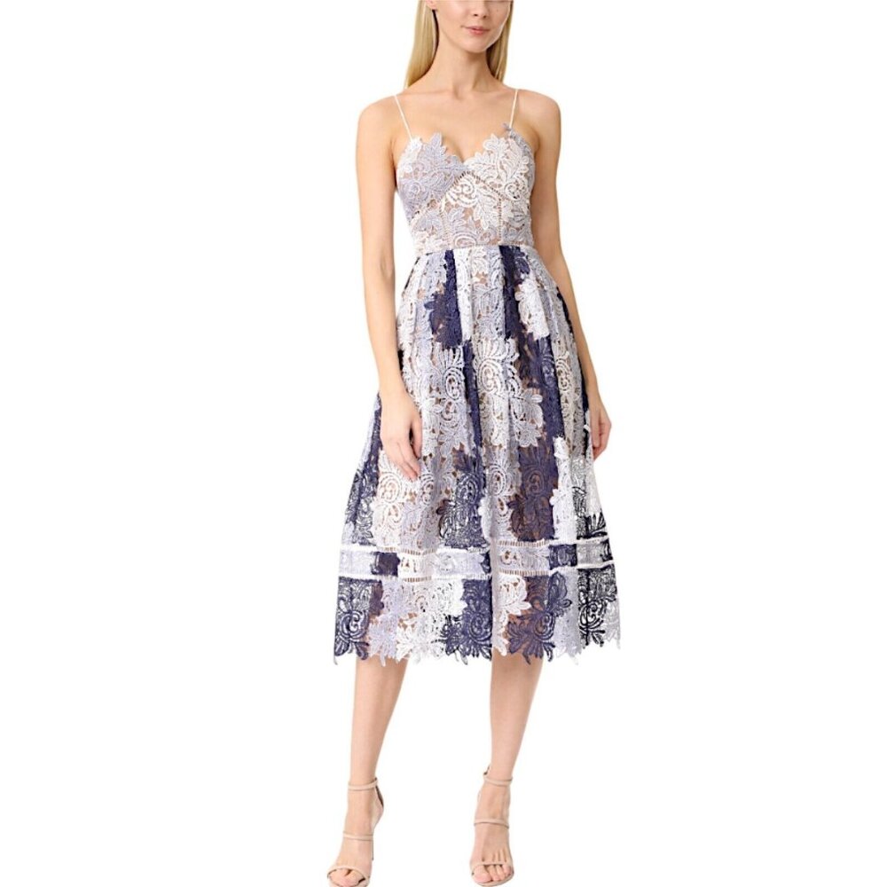 Self Portrait Dress Camellias Patchwork-lace Midi Sweetheart Size US 10 NWT Blue